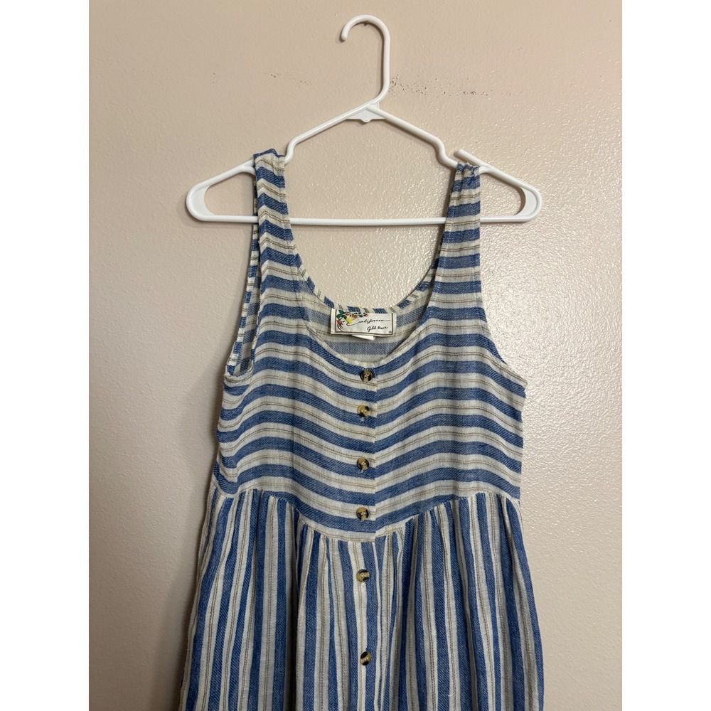 Women's California Gold Rush Vintage Blue Striped Cotton Button Front Midi Dress